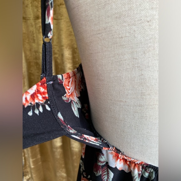 Black Maxi Dress w/ Pink Roses, Soft, Keyhole Back Tie, Ruffle Hem - Picture 10 of 14